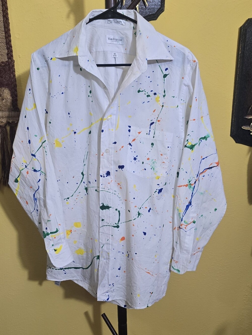 Van Heusen White Button-Down Shirt with Multicolor Paint-Splatter Sz L-XL